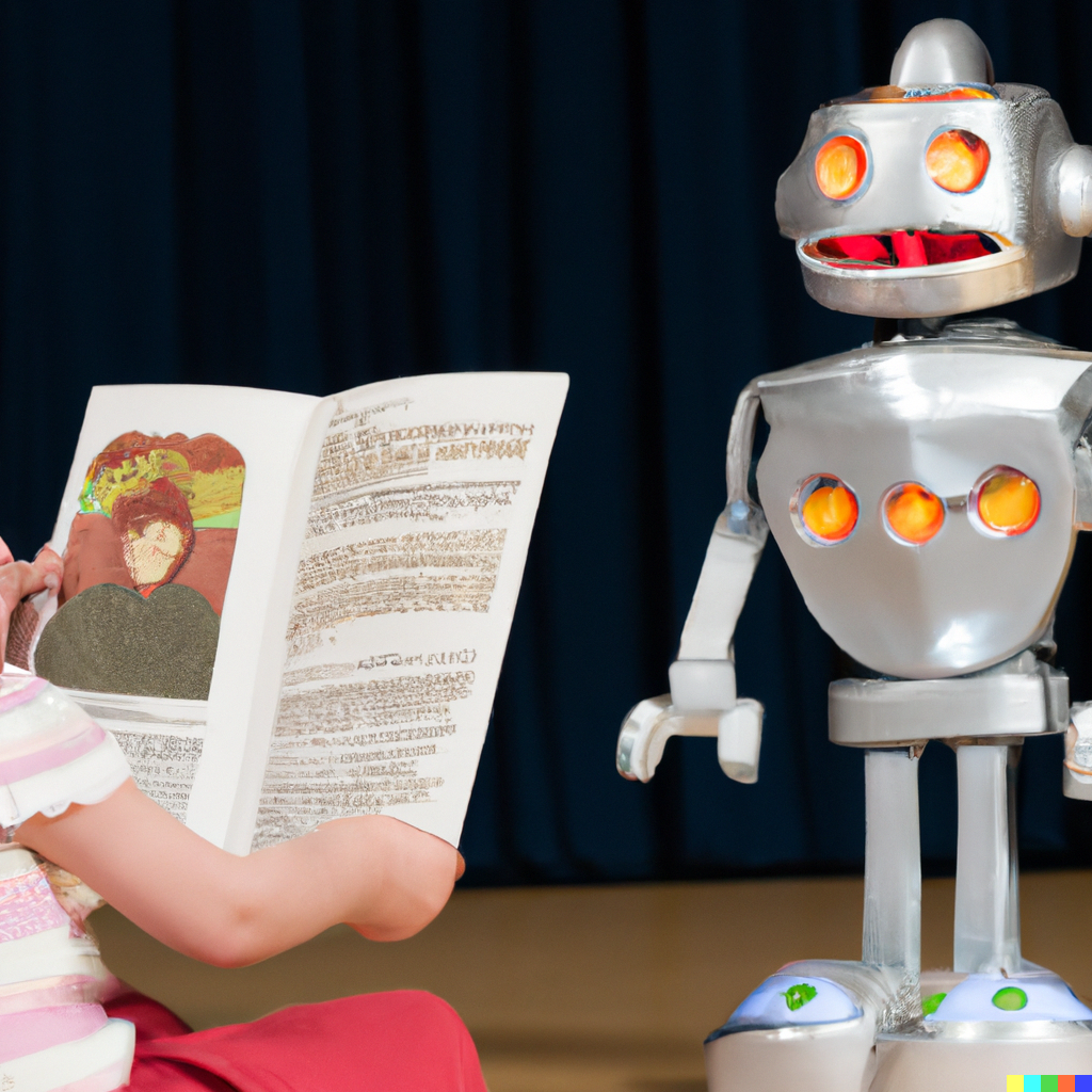 DALL·E 2022-12-16 10.10.28 - robot watching a child reading a readers theatre play